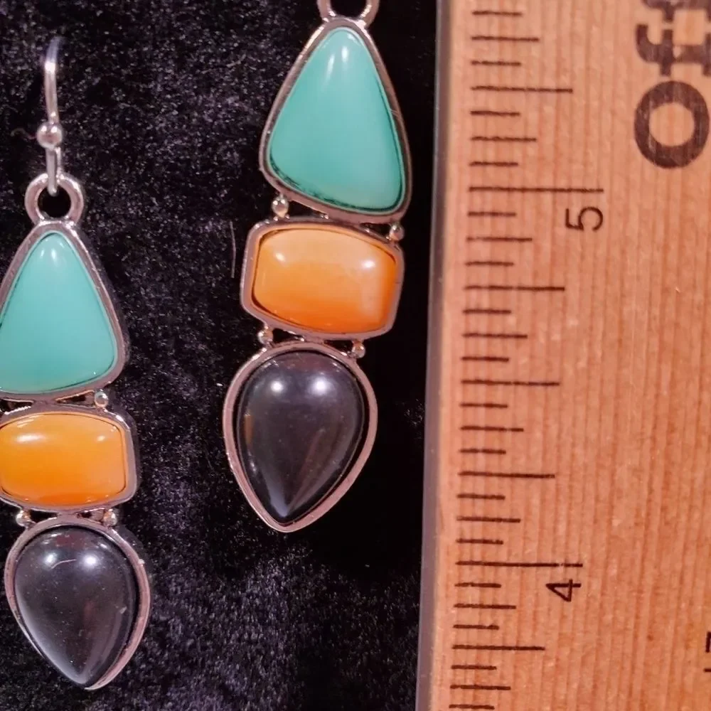 0214. NWOTs ~ Really Colorful Imitation Turquoise and Onyx Earrings ~ Silver ~